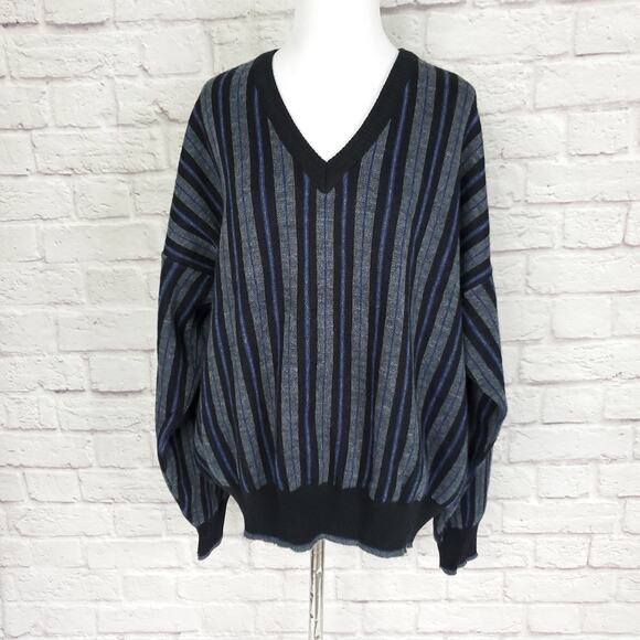 Vintage Collectif Sweater Wool Blend V Neck Striped Blue Gray Black Fits a L - Picture 1 of 10